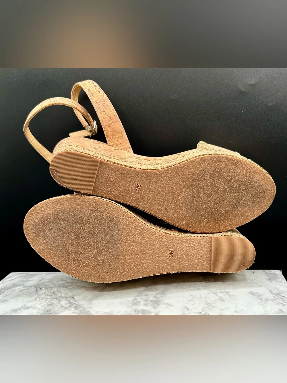 JACK ROGERS Flagler Stitch Platform-Wedge-Sandals in Cork-Gold. Size 9